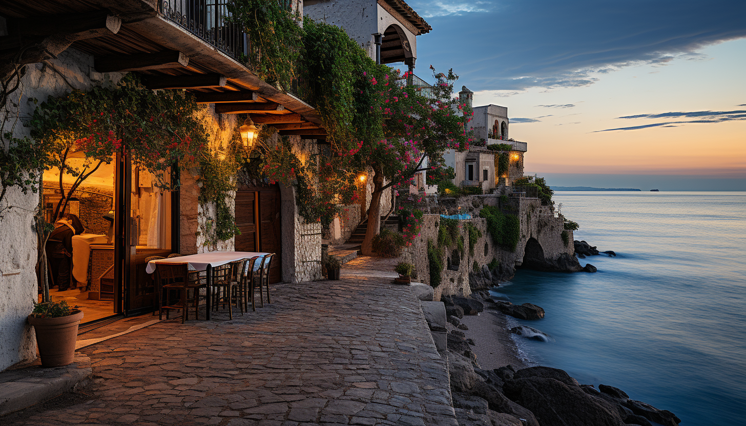 Mediterranean coastal village at sunset, whitewashed houses, terracotta roofs, azure sea, and winding streets with flowering vines.