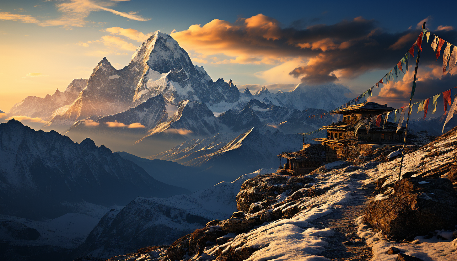 Peaceful monastery in the Himalayas, with monks meditating, prayer flags fluttering, and a panoramic mountain view.