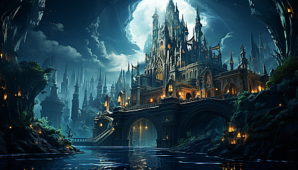 Undersea Atlantis-like city with glowing crystal structures, mermaids, schools of fish, and ancient ruins.