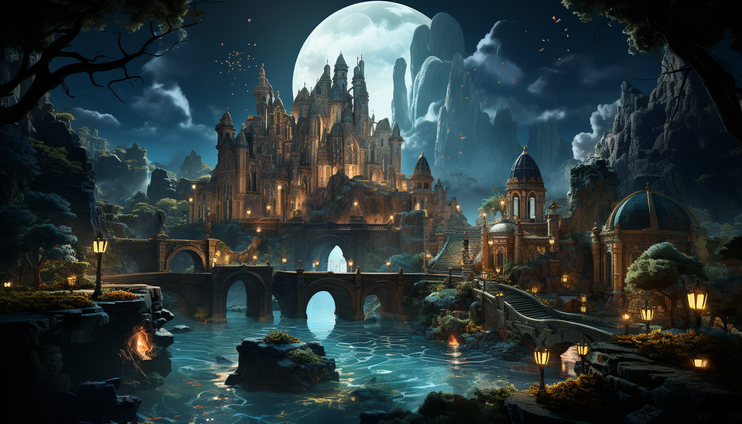 Underwater Atlantis-like city with grand crystal domes, merfolk, colorful coral structures, and schools of luminous fish swimming amongst ancient ruins.