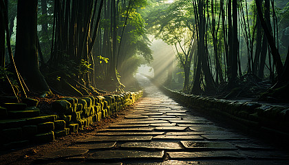 Tranquil bamboo forest in the morning mist, with rays of sunlight filtering through, and a peaceful path winding through.