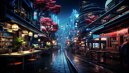 Cyberpunk street scene at night, neon-lit skyscrapers, augmented humans, bustling food stalls, and holographic advertisements floating in the air.