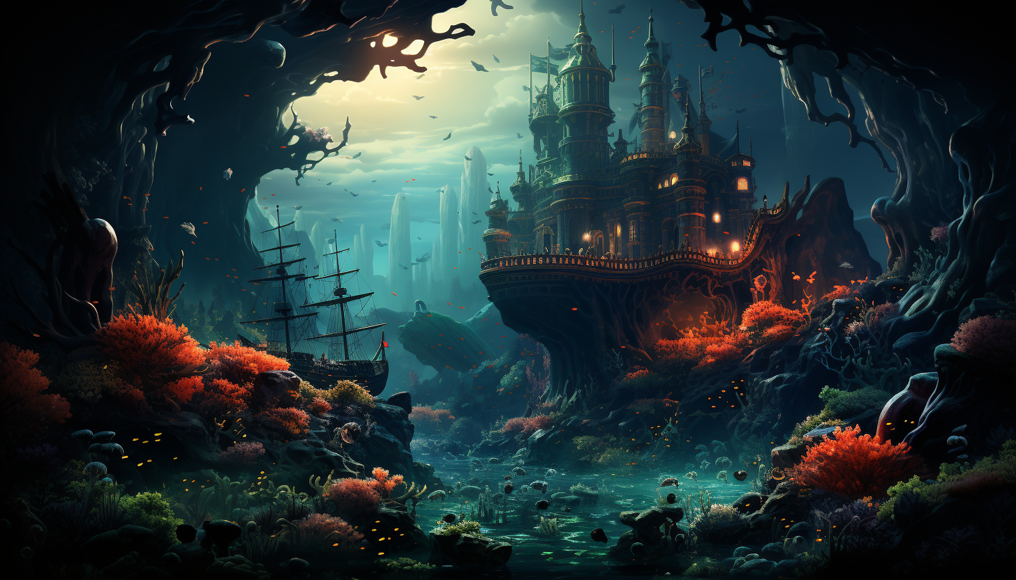 Deep sea exploration scene, submarine near a coral reef, bioluminescent creatures, and a mysterious underwater cave.