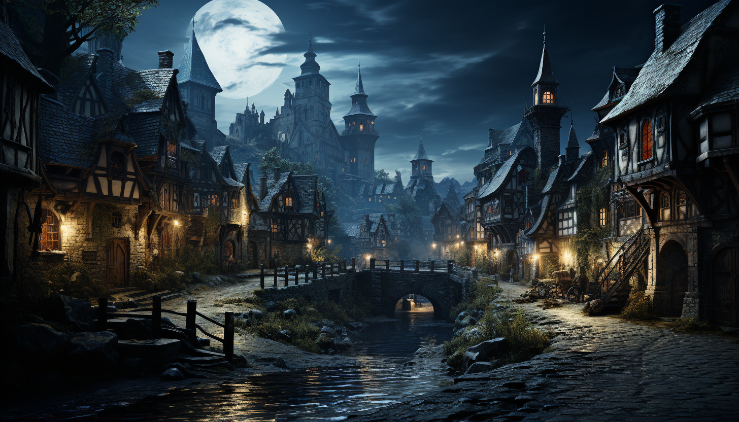 Moonlit medieval village, with cobblestone streets, thatched-roof cottages, a horse-drawn carriage, and a distant castle silhouette.