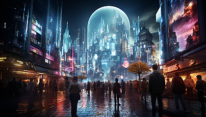 Futuristic cyberpunk street scene, neon-lit skyscrapers, holographic billboards, diverse crowd with augmented reality gadgets.