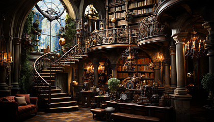 Ancient library with towering bookshelves, hidden alcoves, antique globes, and a grand spiral staircase leading to mysterious upper levels.