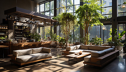 Modern coffee shop interior with minimalist design, large communal tables, a variety of plants, and baristas crafting artisanal drinks.