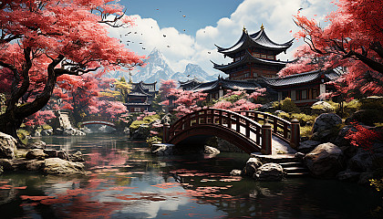 Traditional Chinese garden in spring, with a pagoda, stone bridges over a lily pond, willow trees, and peonies in bloom.