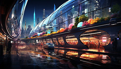 Futuristic underground city with neon lights, high-tech transportation systems, bustling marketplaces, and holographic displays.