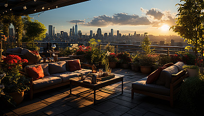 Lush rooftop garden in an urban setting, with a variety of plants, comfortable seating areas, and a skyline view at sunset.