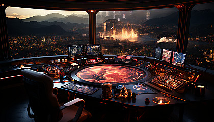 High-tech command center with large holographic displays, control stations, and crew members in uniform engaged in a space mission.