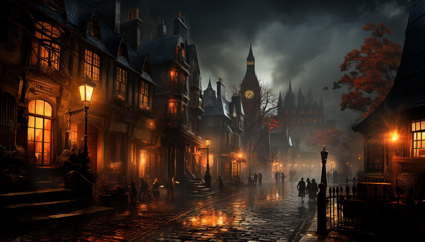 Victorian London street on a foggy night, with gas lamps, horse-drawn carriages, top-hatted pedestrians, and the silhouette of Big Ben.