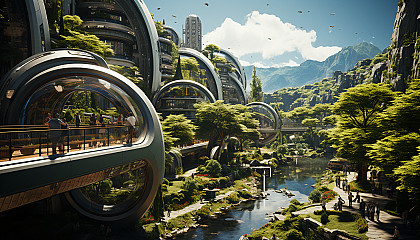 Futuristic urban park, with interactive holographic displays, eco-friendly skyscrapers, and people enjoying leisure activities.
