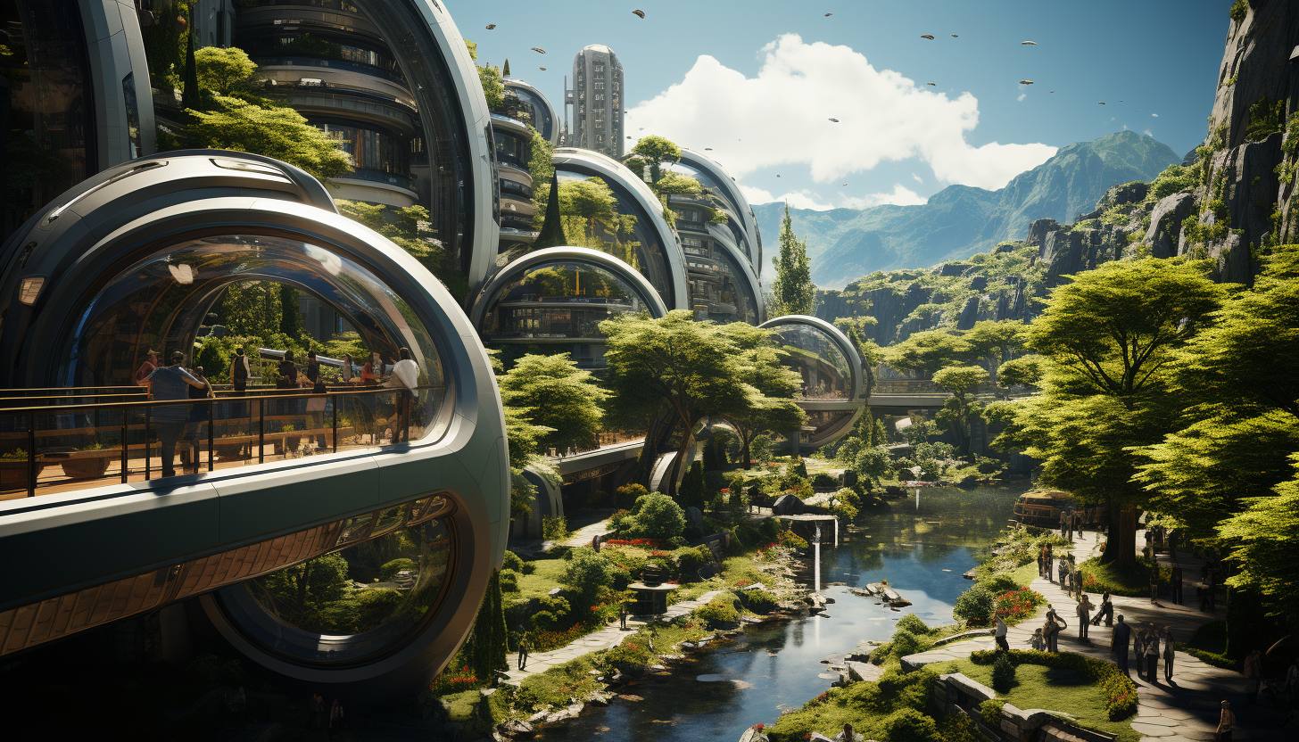 Futuristic urban park, with interactive holographic displays, eco-friendly skyscrapers, and people enjoying leisure activities.