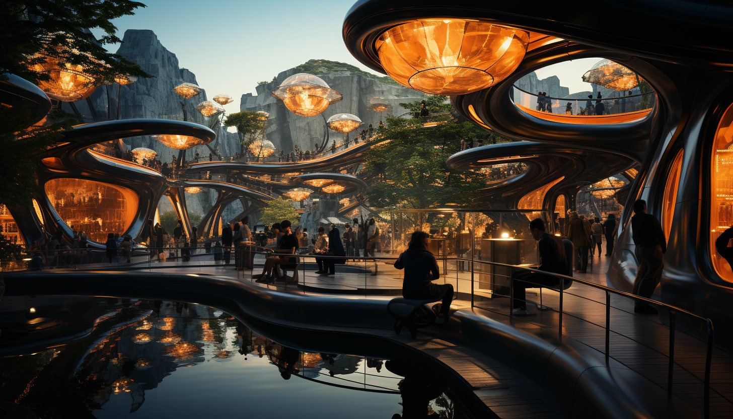 Futuristic urban park at dusk, with interactive light installations, modern sculptures, people relaxing, and a skyline of smart buildings.