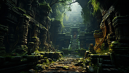 Abandoned ancient temple in the jungle, overgrown with vines, mysterious statues, and a hidden treasure chest.