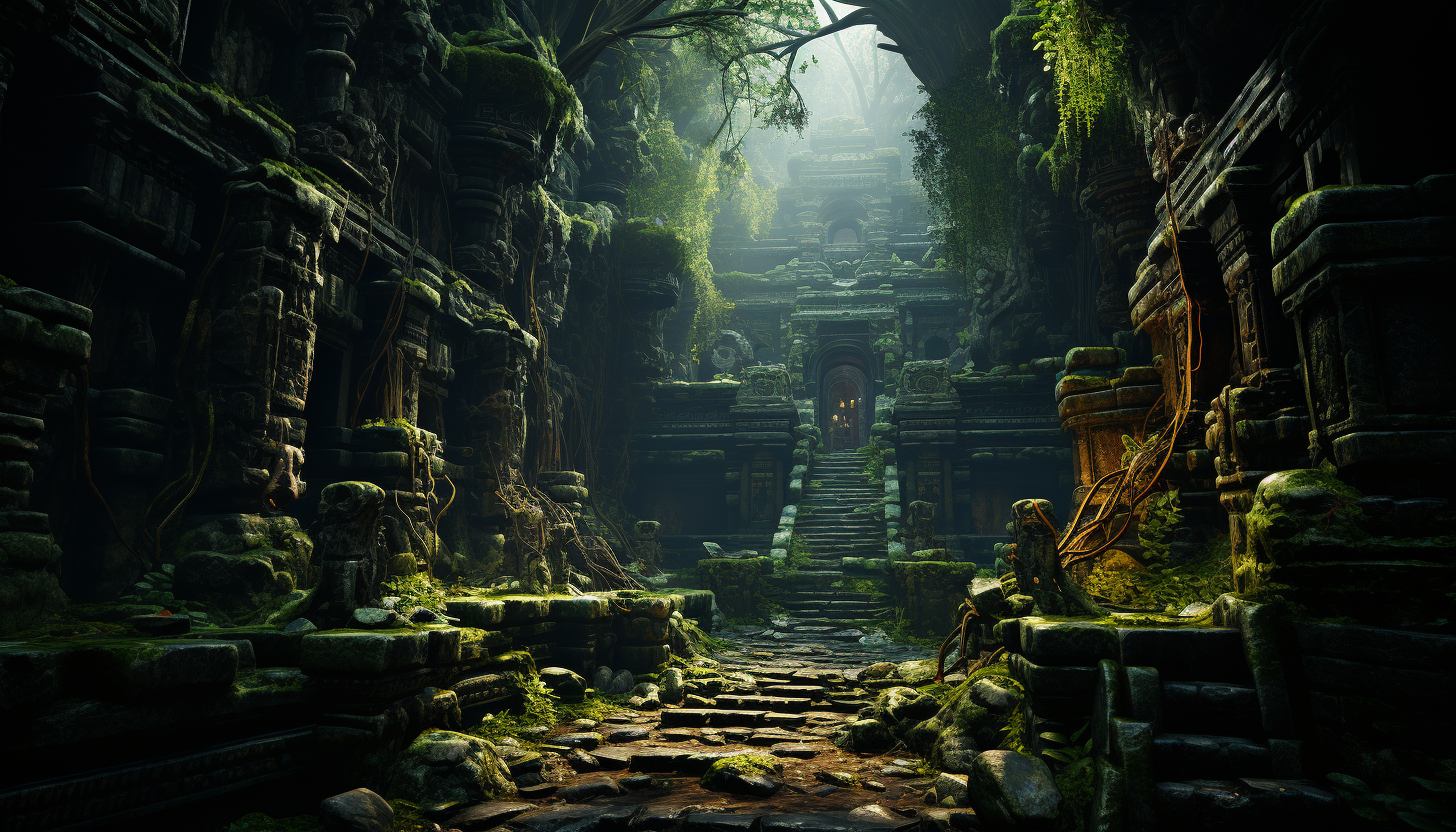 Abandoned ancient temple in the jungle, overgrown with vines, mysterious statues, and a hidden treasure chest.