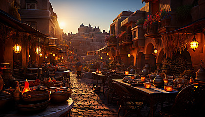 Traditional Moroccan bazaar at sunset, vibrant textiles, intricate pottery, bustling crowds, and the aroma of spices and street food.