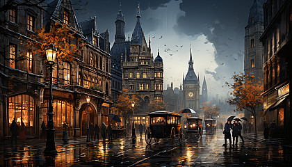 Victorian-era London street scene, with horse-drawn carriages, gas street lamps, gentlemen in top hats, and Gothic architecture.