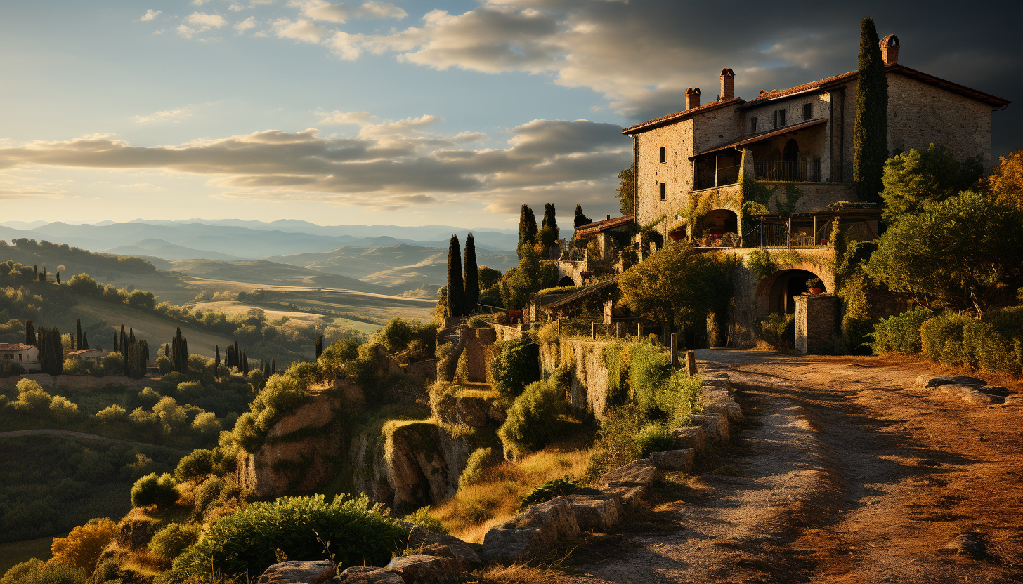 Lush vineyard in Tuscany during golden hour, rolling hills, grapevines, a rustic farmhouse, and a distant view of an old castle.