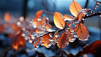 A macro shot of crystals forming on a leaf or branch in winter.