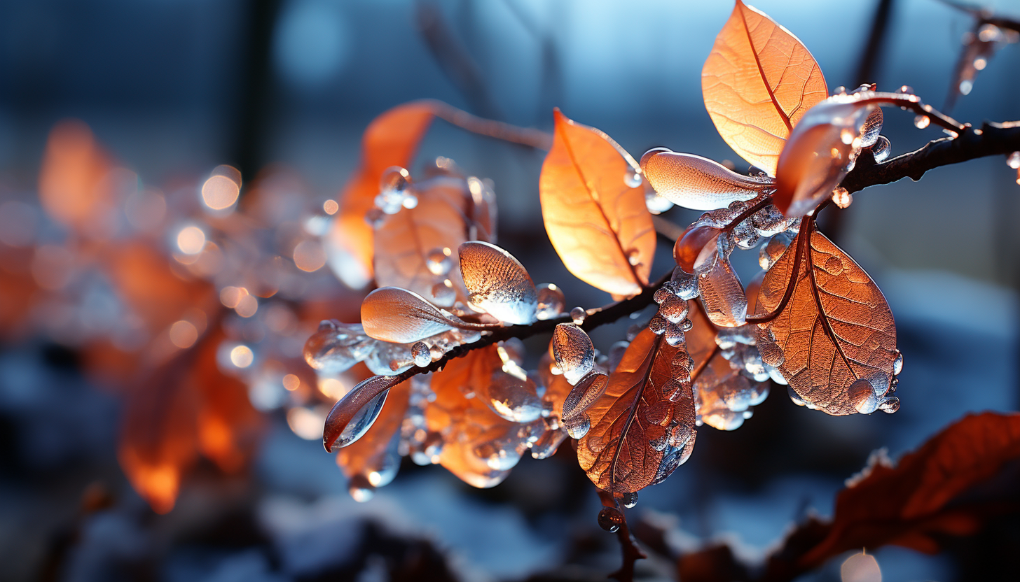 A macro shot of crystals forming on a leaf or branch in winter.