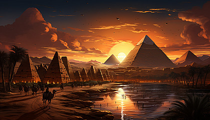 Ancient Egyptian pyramids at sunset, with camels, travelers, the Sphinx, and hieroglyphics, set against a golden desert backdrop.