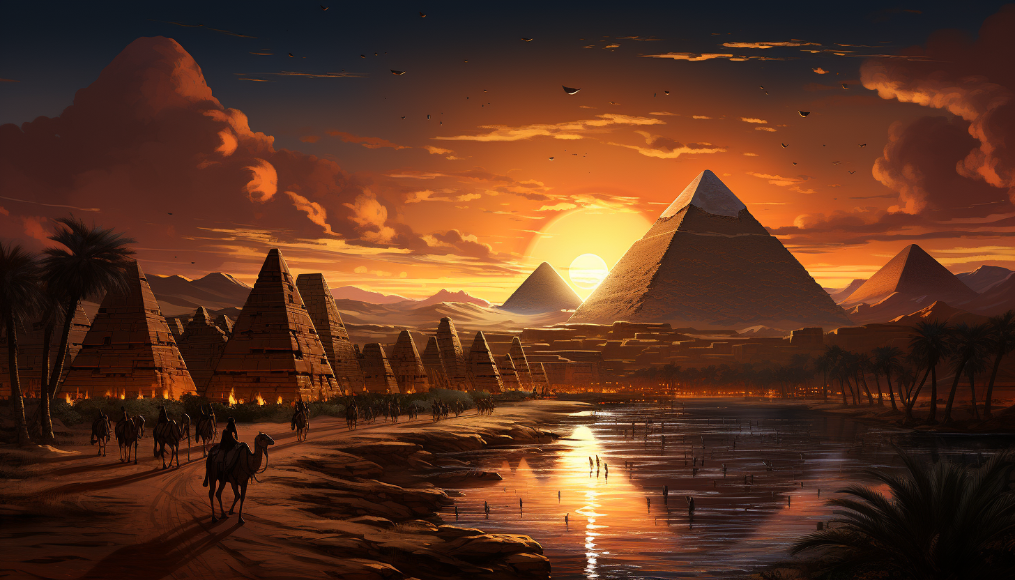 Ancient Egyptian pyramids at sunset, with camels, travelers, the Sphinx, and hieroglyphics, set against a golden desert backdrop.