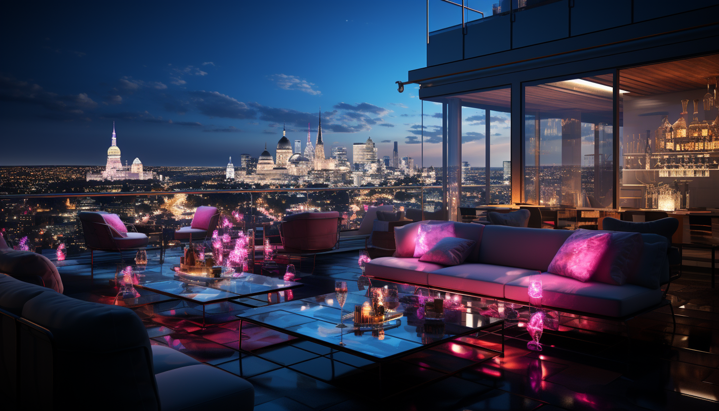 High-tech urban rooftop lounge at night, with sleek furniture, ambient lighting, holographic displays, and a view of neon-lit skyscrapers.