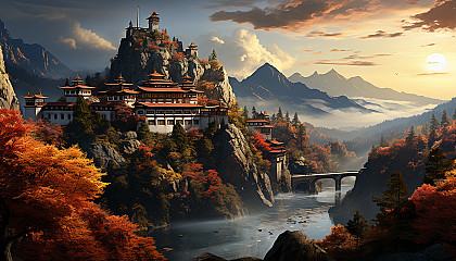 A peaceful mountain monastery during autumn, with monks in meditation, vibrant fall colors, and misty mountains in the distance.