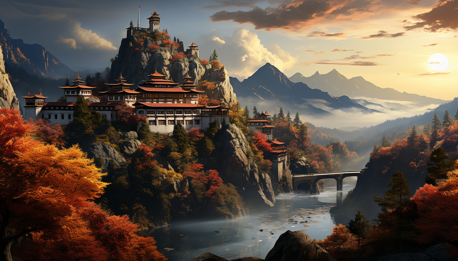 A peaceful mountain monastery during autumn, with monks in meditation, vibrant fall colors, and misty mountains in the distance.