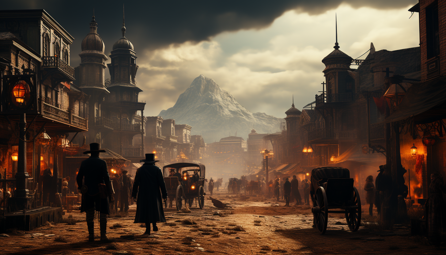 Old Western town at high noon, with dusty streets, saloons, horse-drawn carriages, and cowboys in a standoff.