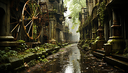 An abandoned amusement park overtaken by nature, rusting rides, overgrown paths, and a hauntingly beautiful atmosphere.