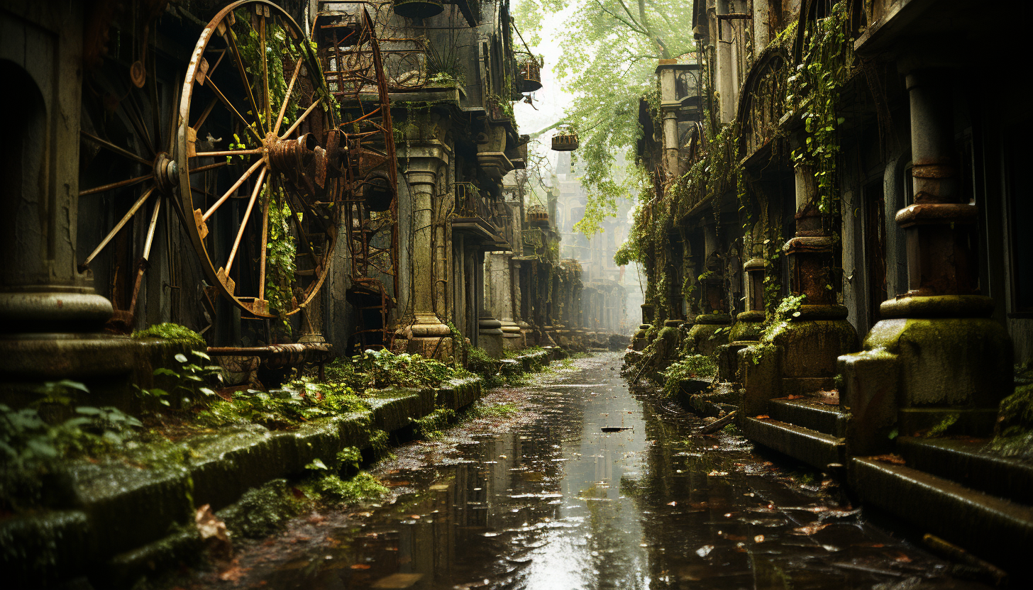 An abandoned amusement park overtaken by nature, rusting rides, overgrown paths, and a hauntingly beautiful atmosphere.