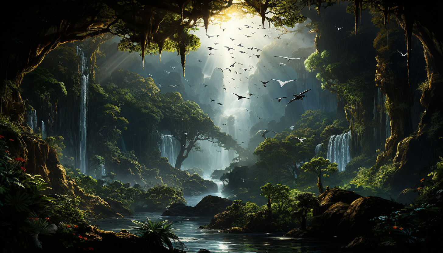 Lush rainforest canopy viewed from above, with a hidden waterfall, exotic birds in flight, and rays of sunlight piercing through.