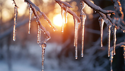 Glistening icicles hanging from a frozen tree branch.