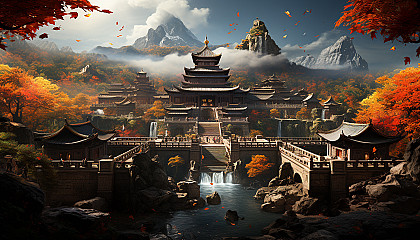 A peaceful mountain monastery during autumn, with monks in meditation, vibrant fall colors, and misty mountains in the distance.