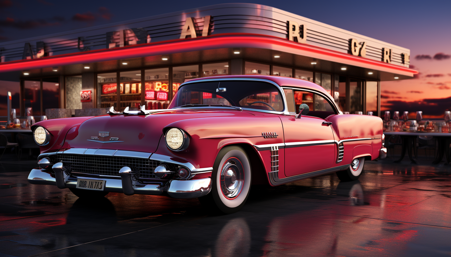 Classic American diner at dawn, with vintage cars parked outside, neon signage, checkerboard flooring, and patrons enjoying breakfast.