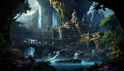 Lush rainforest canopy, vibrant tropical birds, a hidden waterfall, and ancient ruins covered in vines.