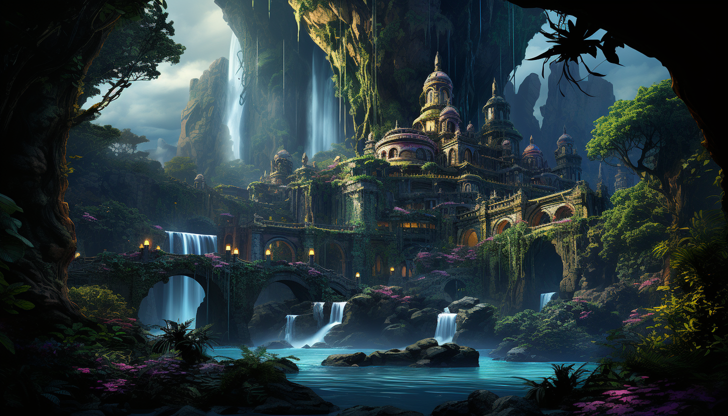 Lush rainforest canopy, vibrant tropical birds, a hidden waterfall, and ancient ruins covered in vines.