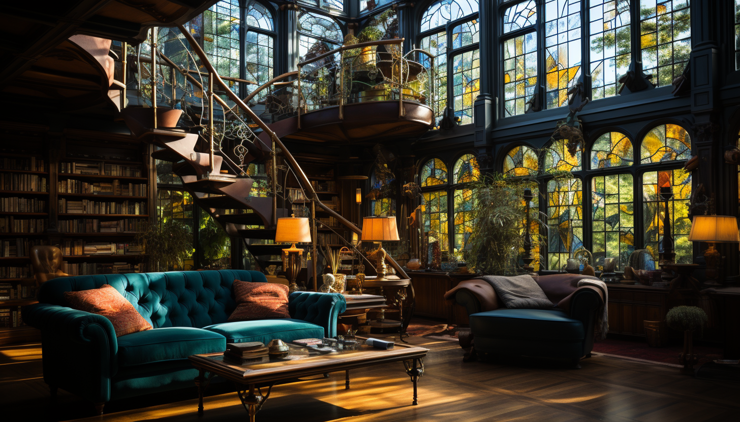 Grand library with towering bookshelves, spiral staircases, antique globes, and a large stained glass window casting colorful light.