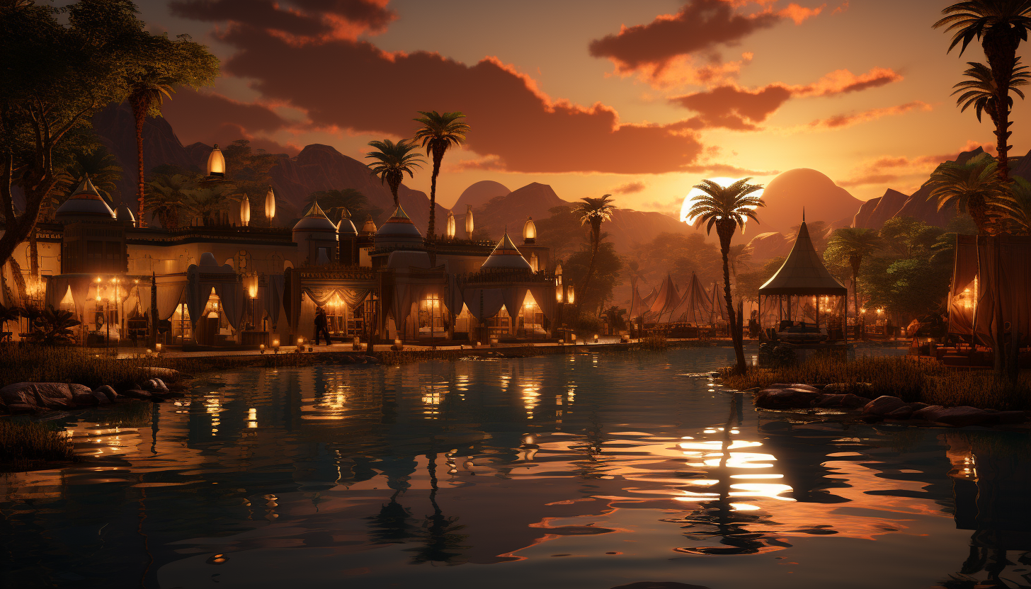 Desert oasis at sunset, with palm trees, a tranquil pool, nomadic tents, camels resting, and the golden sun setting behind sand dunes.