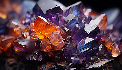 Macro view of colorful minerals or crystals, showing their complex structures and rich tones.