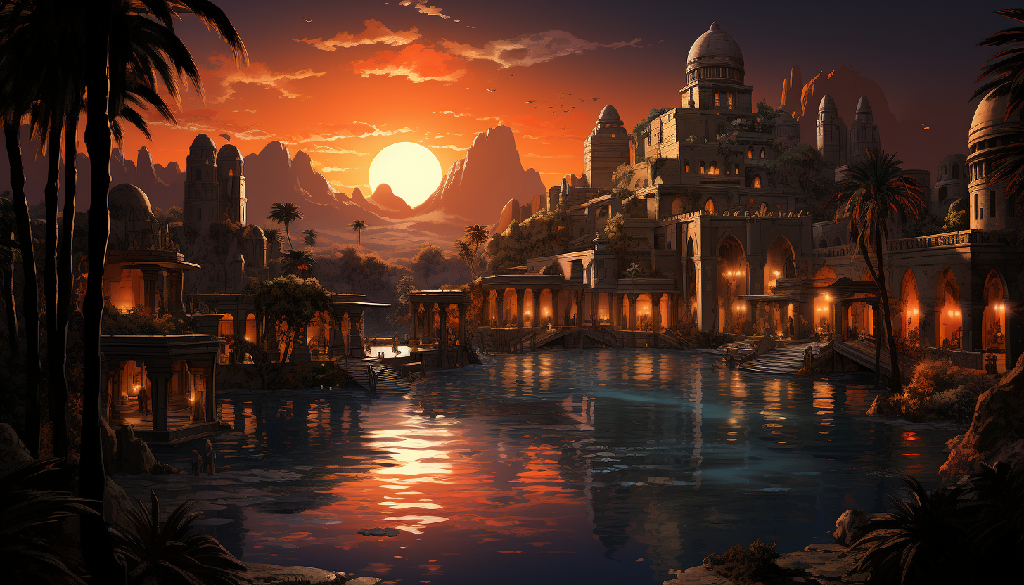 Desert oasis at sunset, featuring a tranquil pool, palm trees, camels resting, and ancient ruins under a vivid, orange sky.