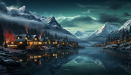 Traditional Scandinavian village during winter, with snow-covered cottages, a frozen lake for ice skating, and Northern Lights in the sky.