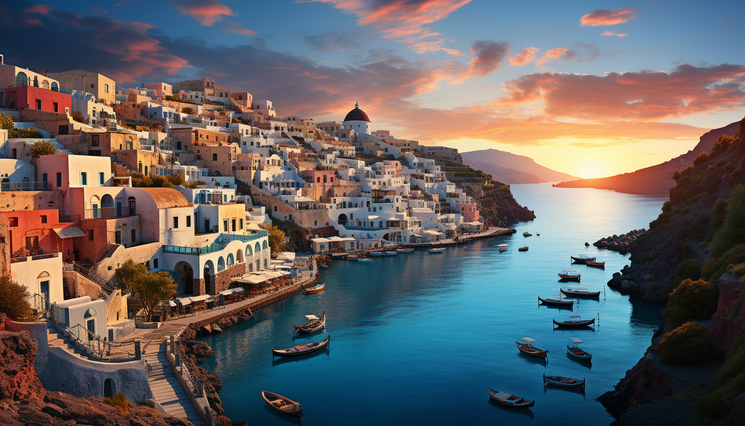 Mediterranean coastal village at sunset, with white-washed houses, blue-domed churches, terracotta rooftops, and sailboats in the harbor.