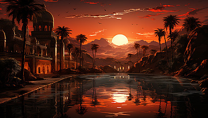 Desert oasis at sunset, featuring a tranquil pool, palm trees, camels resting, and Bedouin tents under a vivid orange sky.