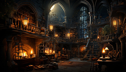 Ancient library with towering bookshelves, mystical tomes, a grand fireplace, and globes of softly glowing enchanted light.