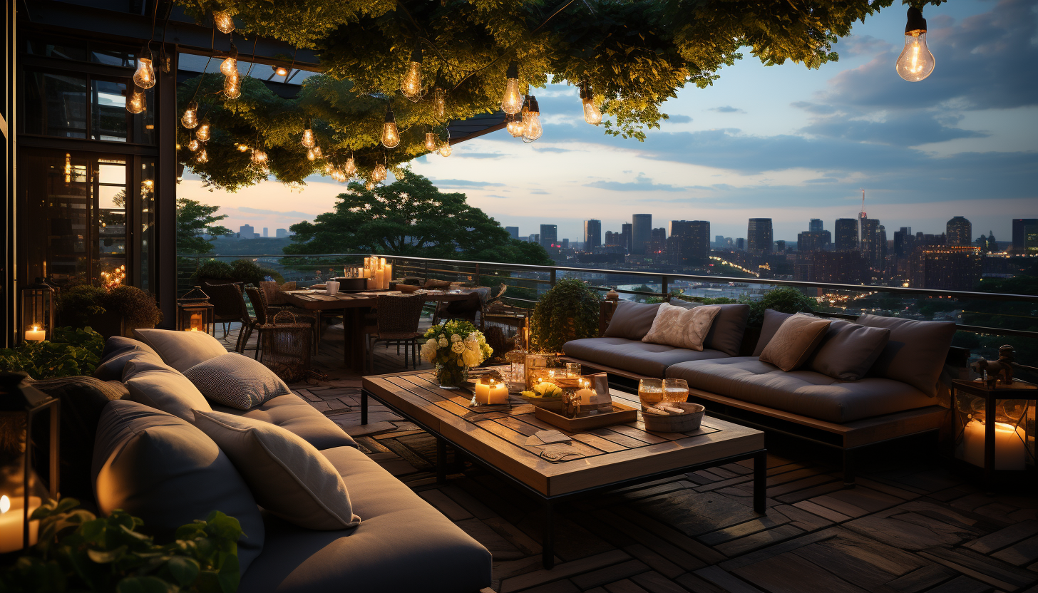 Lush rooftop garden in an urban environment, featuring a variety of green plants, hanging lights, comfortable seating, and a skyline view.