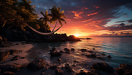 Vibrant Caribbean beach at sunset, with crystal clear water, palm trees, a hammock, and a small boat floating near the shore.
